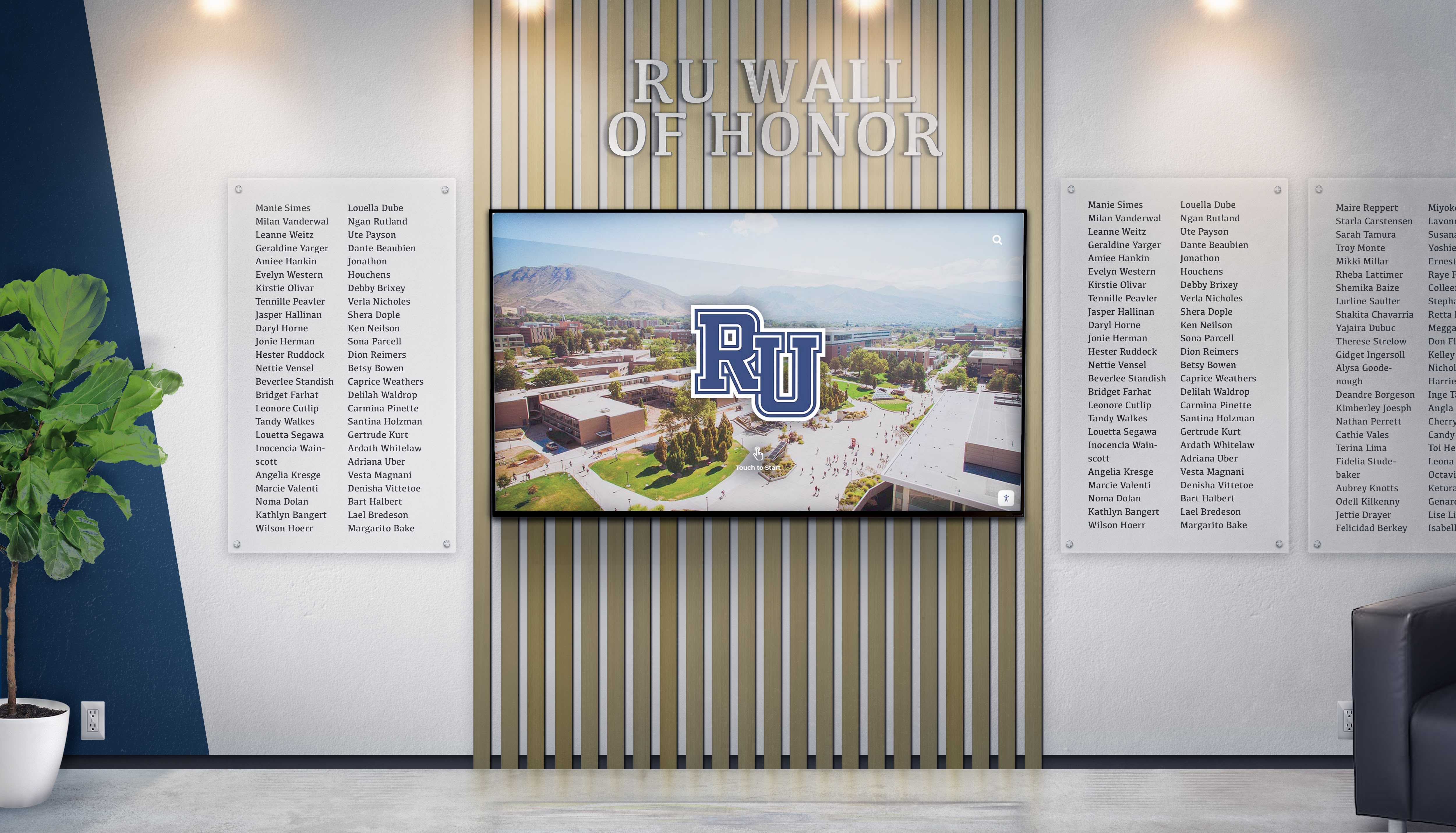 Comprehensive alumni wall with digital screen and physical plaques Alumni wall display