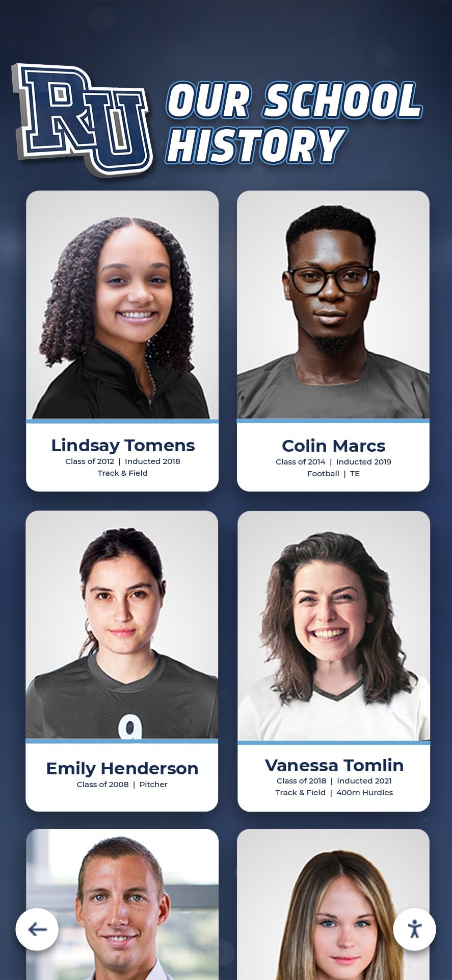 Historical alumni portrait cards displayed digitally Alumni recognition wall